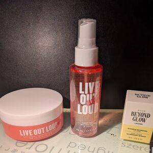 Avon Live Out Loud UBeU Body Mist & Body Cream & Beyond Glow Lipercin